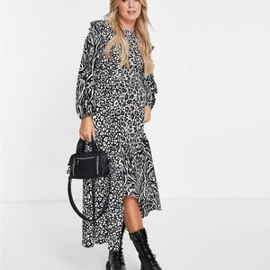 Topshop Black and White Mixed Animal Print Midi Dress